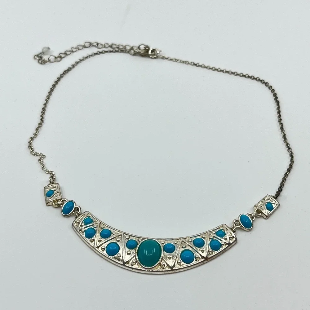 Vintage‎ Silver Tone Turquoise Color Cabochon Statement Bib Necklace Retro Boho
